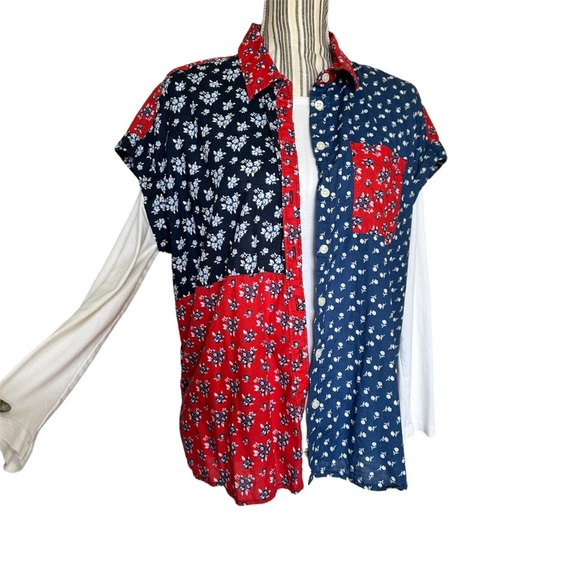 Style & Co 1X Floral Patchwork Red White Blue Button Up - Picture 2 of 7